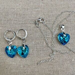 NIB 925 Sterling Silver Zircon Skye Blue Heart Pendant and Earring Set